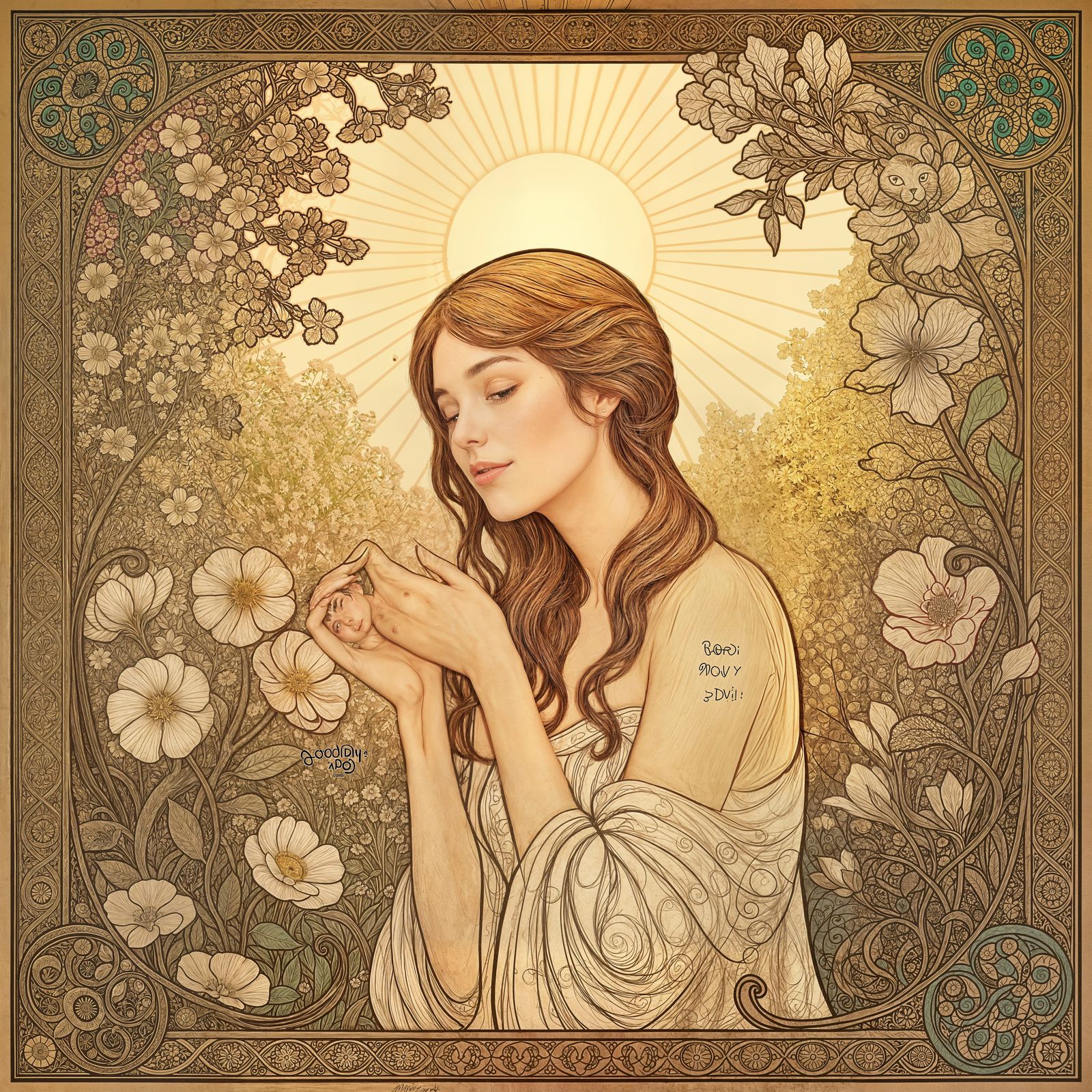 Serene Woman in Floral Paradise: Mucha Style