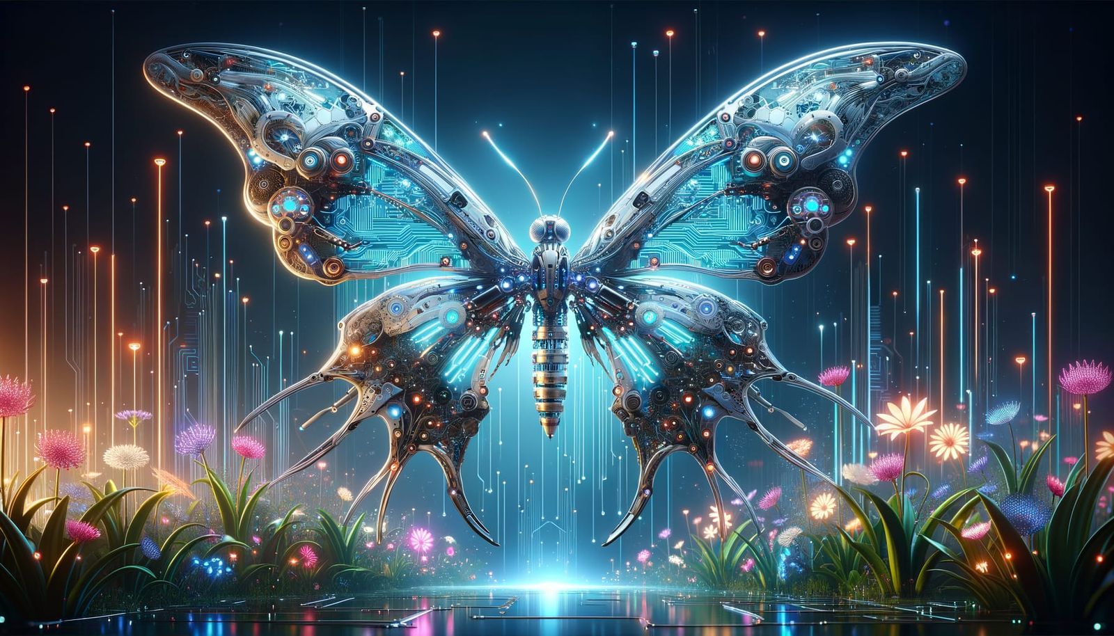Futuristic Mechanized Butterfly in Neon Garden