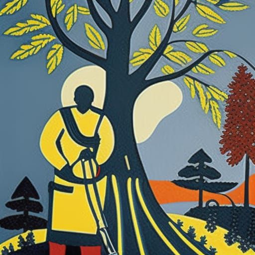 arborist with chainsaw in a tree cutting a large branch with beautiful sunset oil painting high definition 8k 8k resolut...