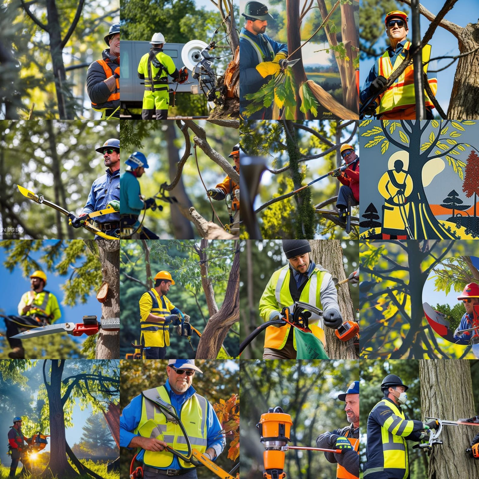 arborist with chainsaw in a tree cutting a large branch with beautiful sunset oil painting high definition 8k 8k resolut...