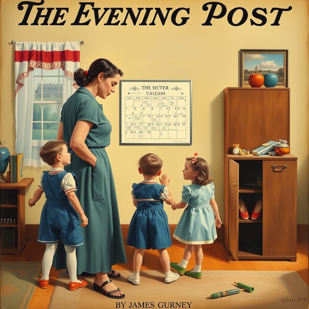 Nostalgic Family Scene in Vintage Illustration Style