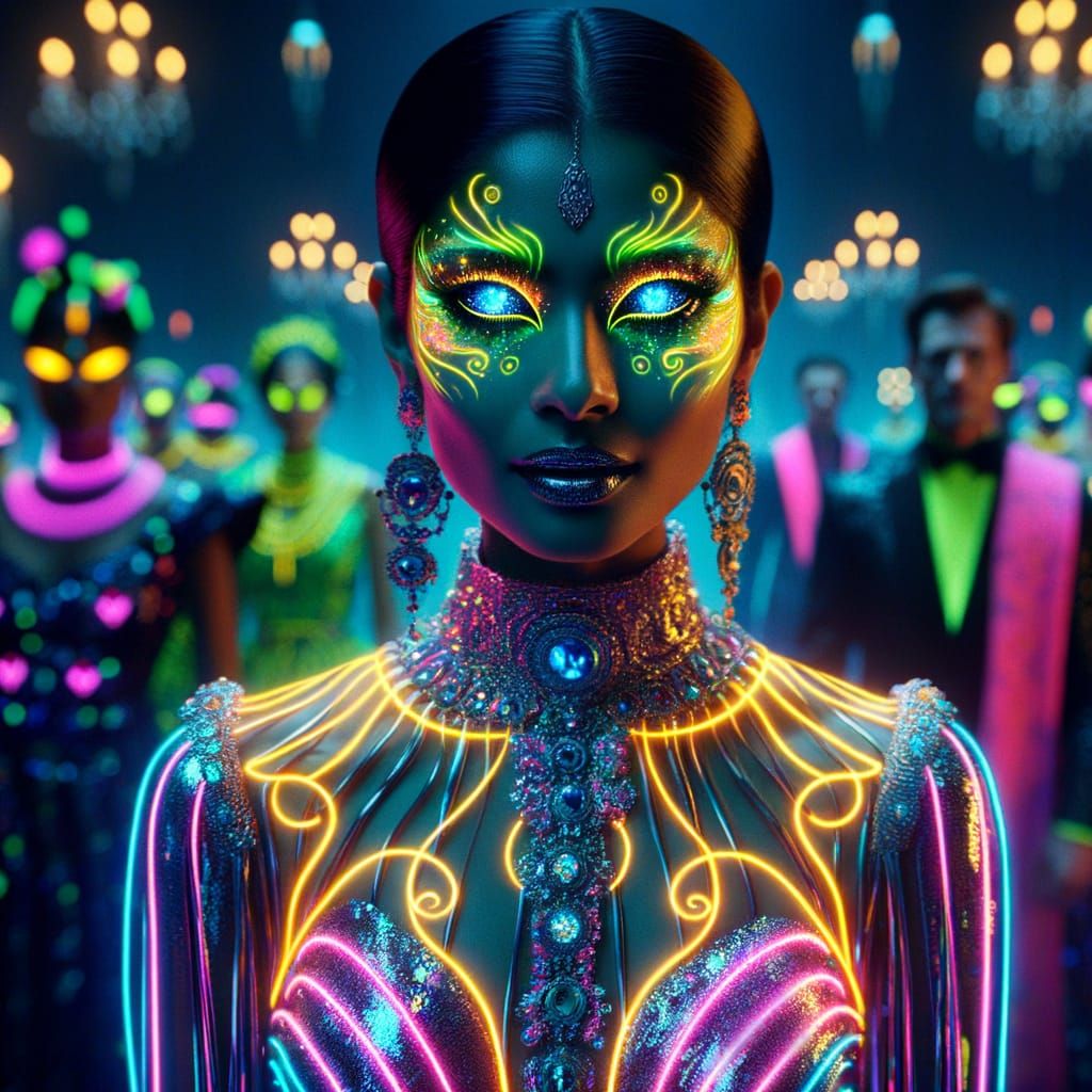 Vibrant South Asian Woman in Futuristic Ball Gown