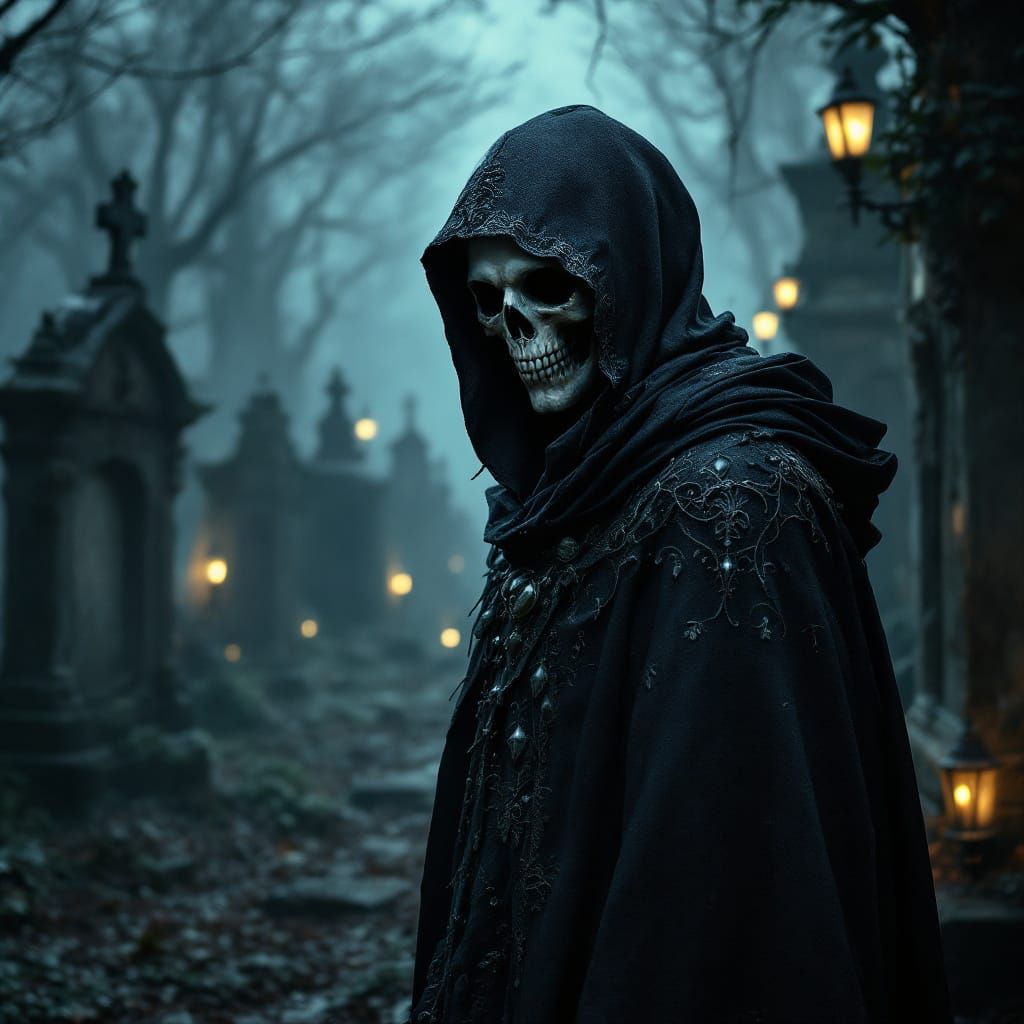 Mystical Skull-Faced Figure in Cemetery, Gothic Art
