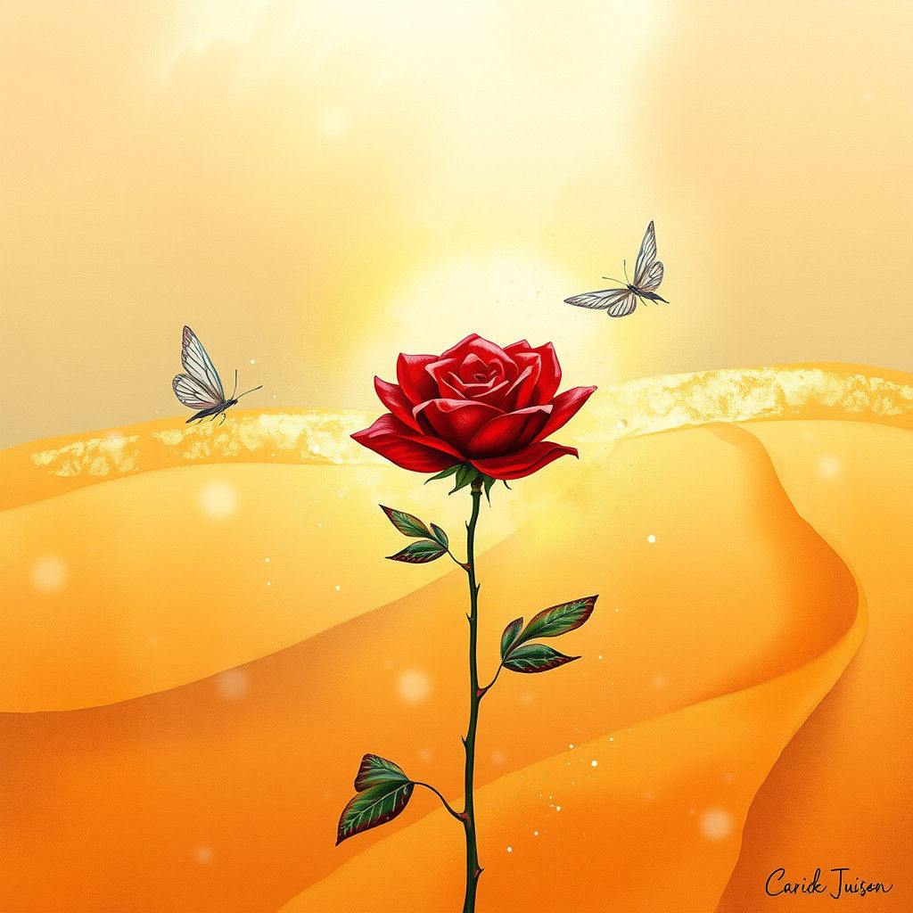 Red Rose in Golden Desert with Water Butterflies