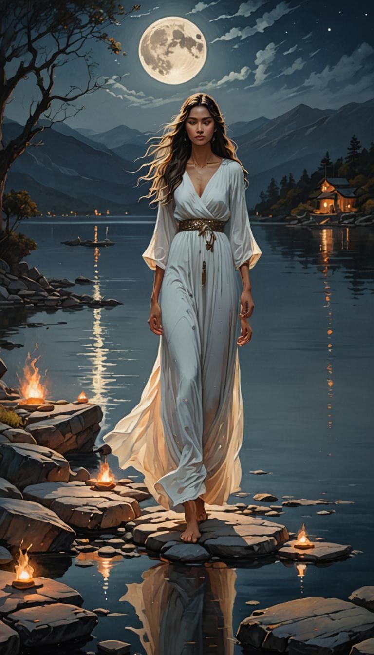 Moonlit Path: Woman Walking on Water