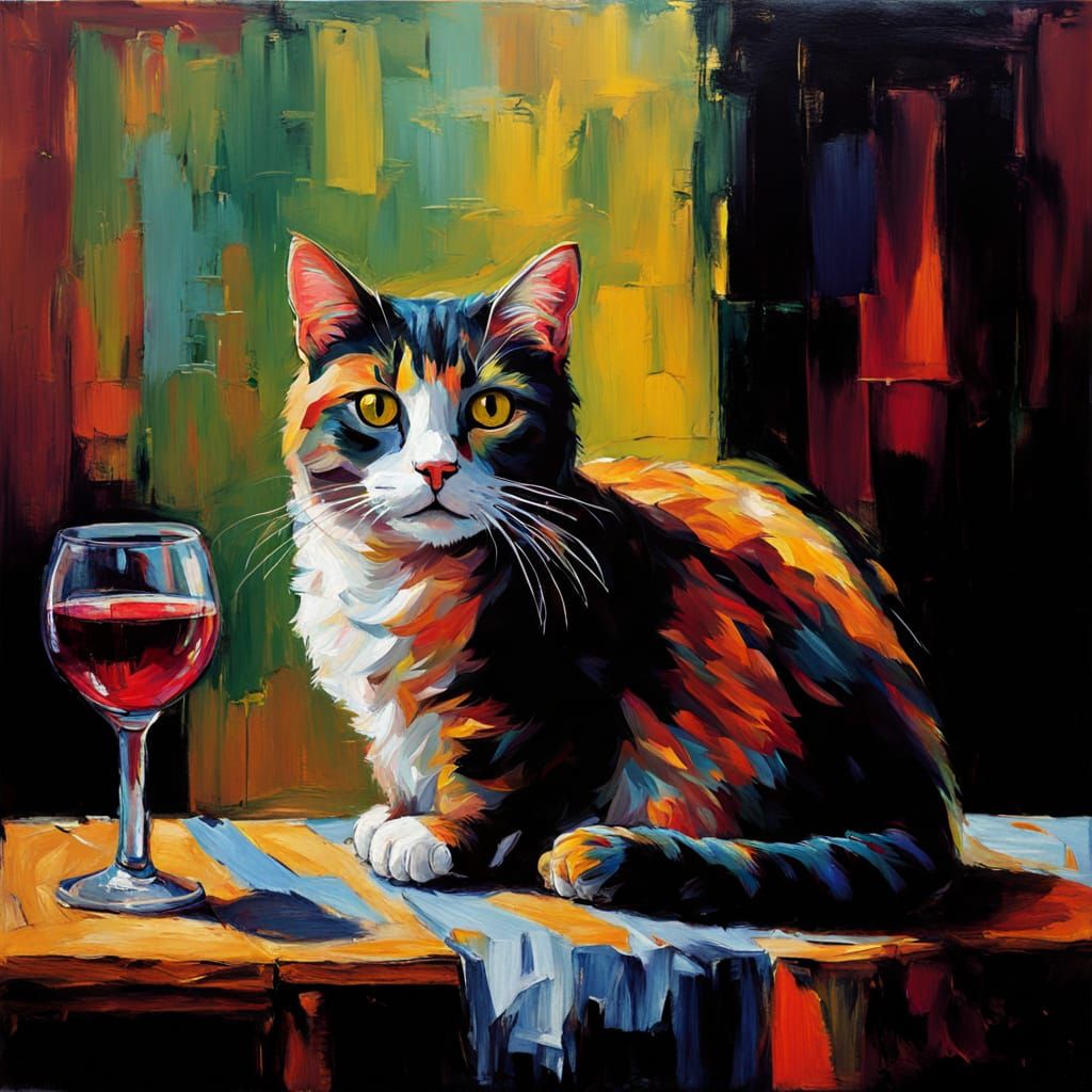 Neo-Impressionist Masterpiece: Vibrant Feline Still Life