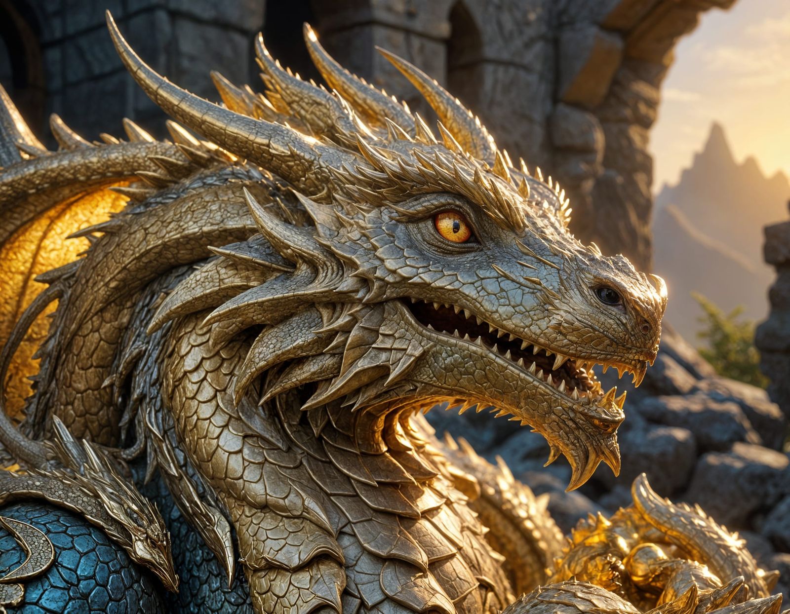 Golden Dragon Guarding Treasure Hoard in Golden Hour