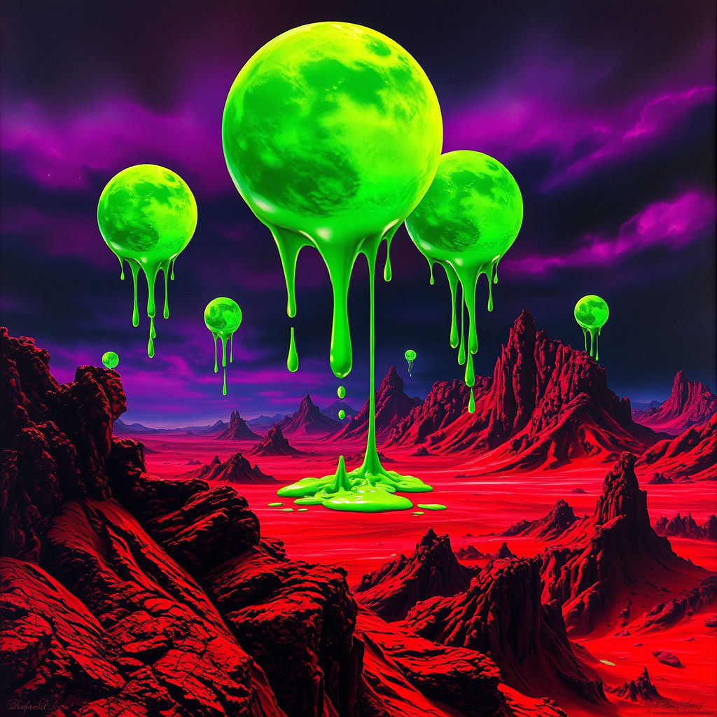 Vibrant Surrealist Liquid Moons Descend on a Crimson-Hued Al...