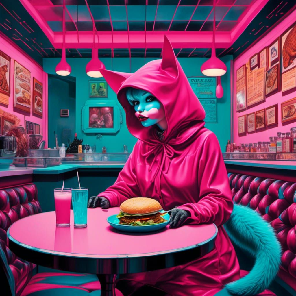 Cat Riding Hood at a Retro Burger Shop