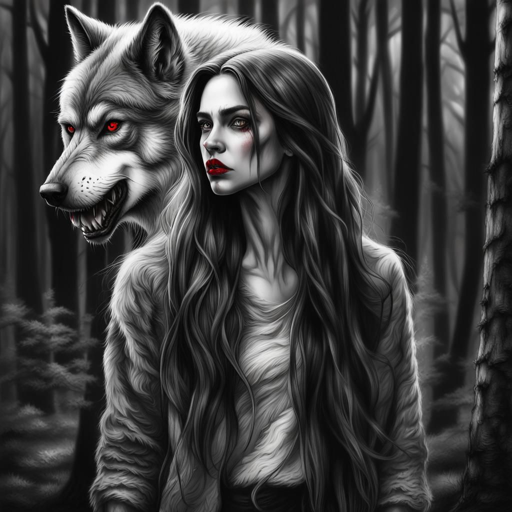 Hyperrealistic Werewolf Woman in Detailed Charcoal Drawing