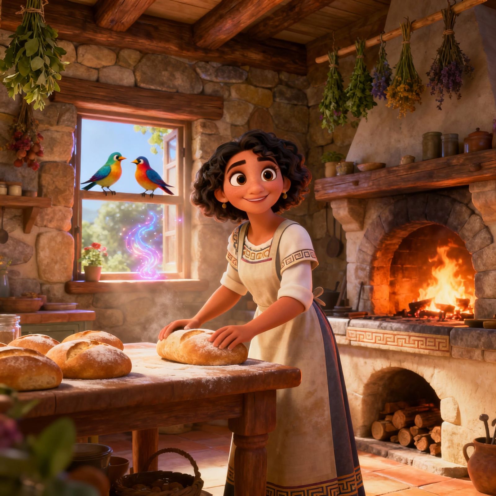 Hestia, Greek Goddess of Hearth, in Rustic Kitchen