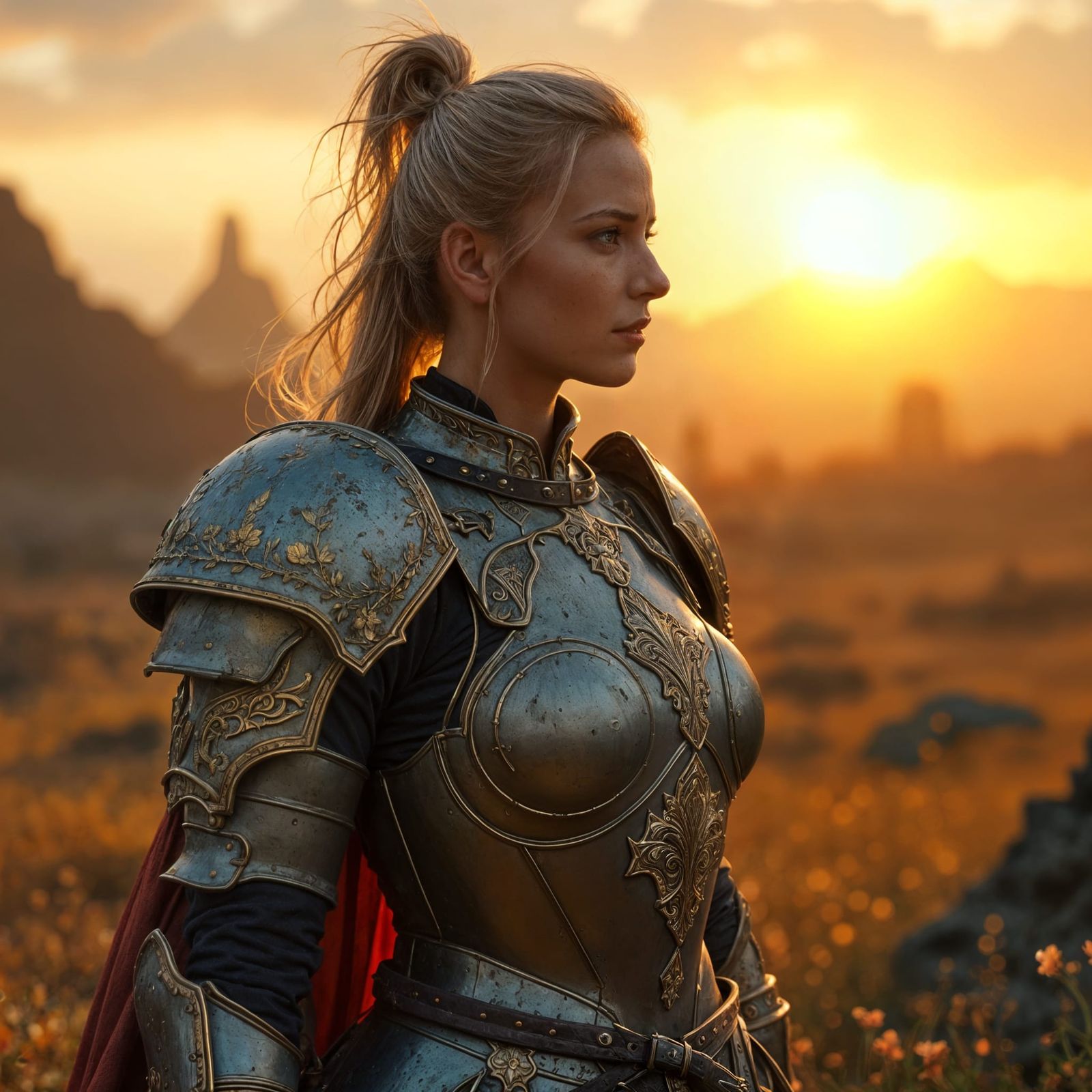 Ethereal Female Warrior Stands on a War-Torn Battlefield