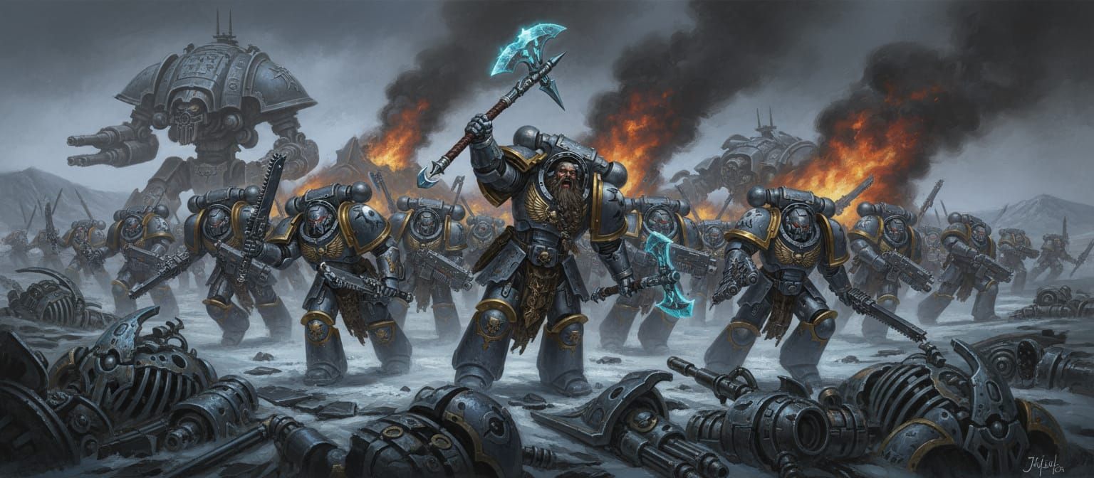 Space Wolves Charge Through Frozen Wasteland in John Blanche...