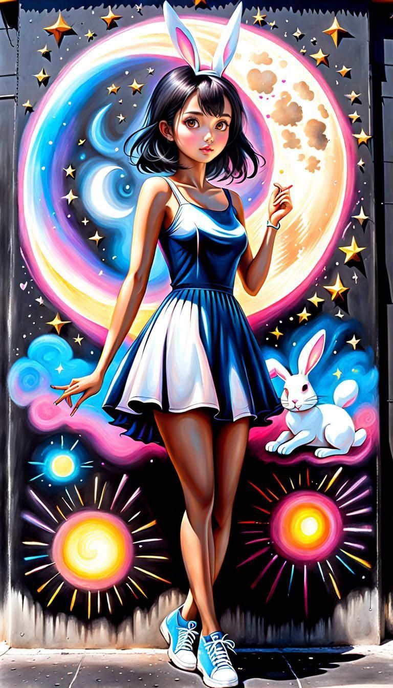 Colorful Chalk Drawing of Moon Rabbit in Bangkok