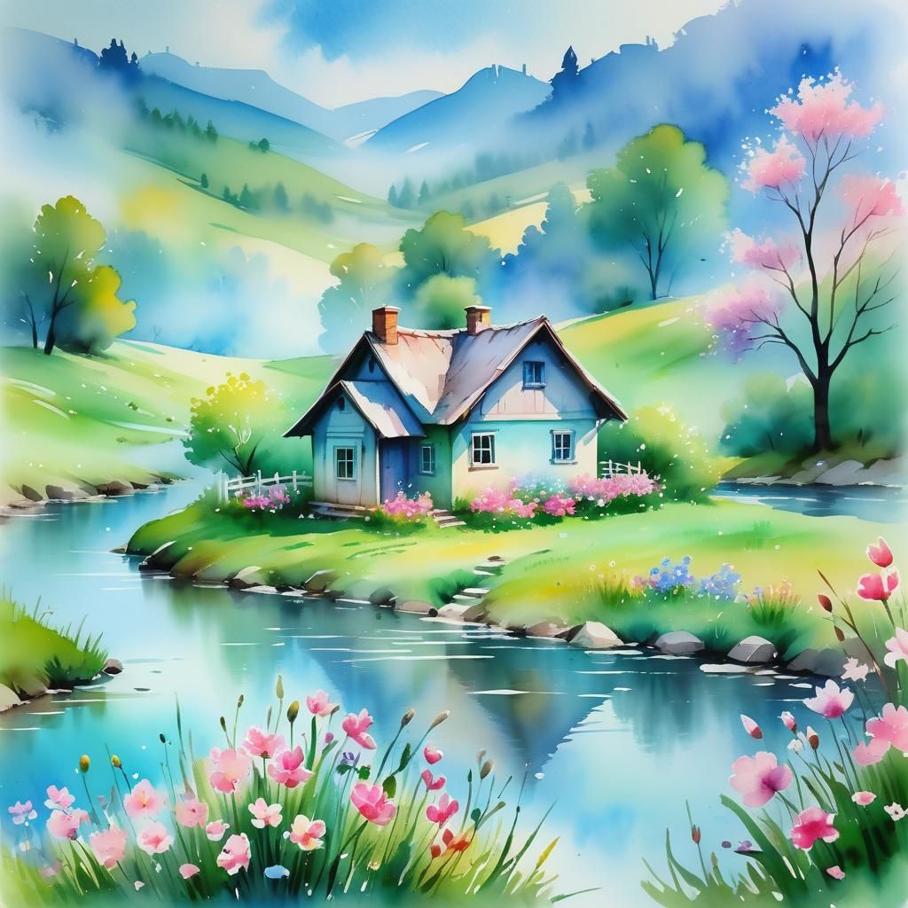 Spring Meadow House in Whimsical Watercolor Style