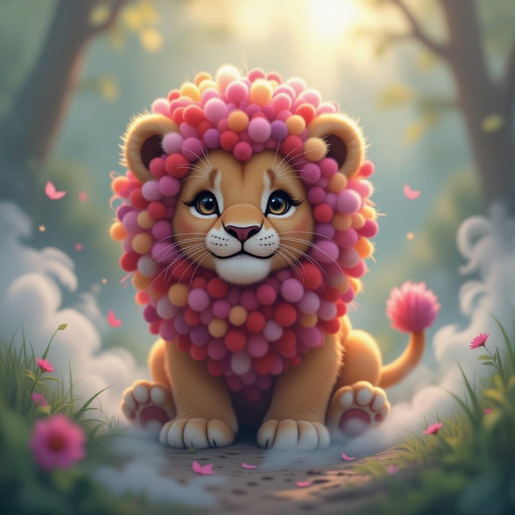 Pom Pom Lion in Dreamy Fantasy Landscape