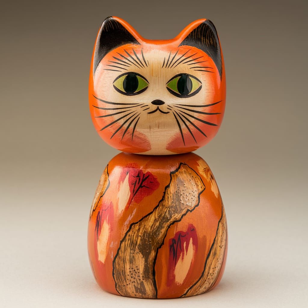 Cat-Themed Kokeshi Doll with Abstract Design