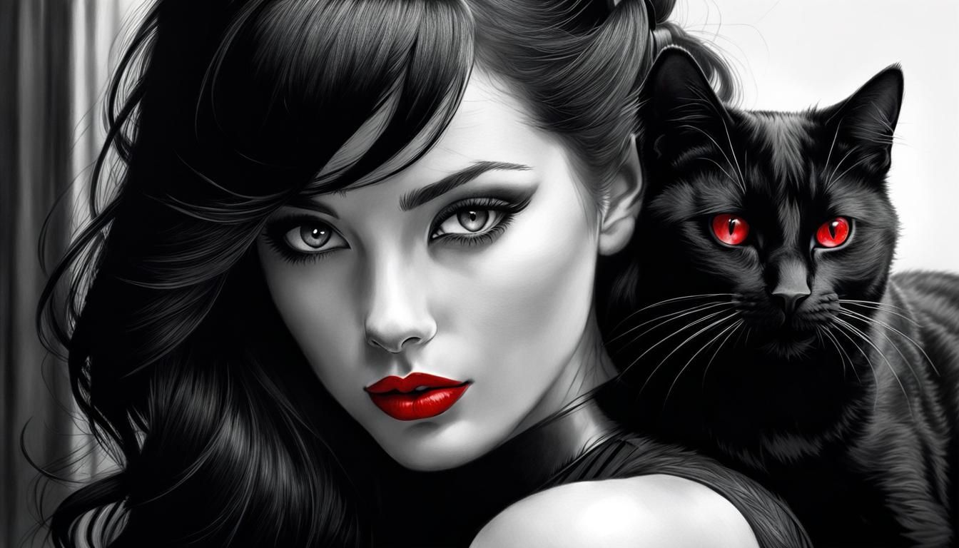 Noir Portrait: Woman and Ginger Cat in Pencil