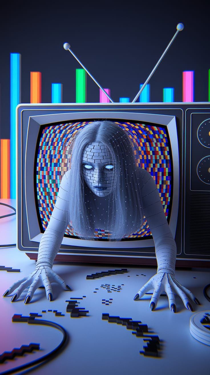 Ghost Crawls from Broken TV in Static Hair