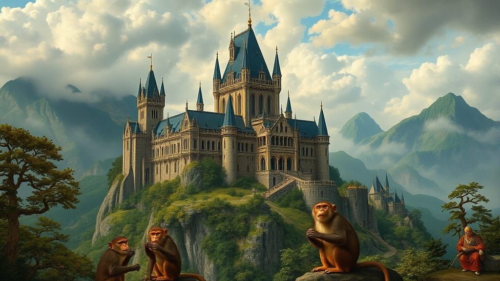 Majestic Mountain Castle in Gothic Style with Allegorical Sc...