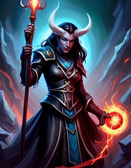 Blue-Skinned Tiefling Warlock with Demonic Staff