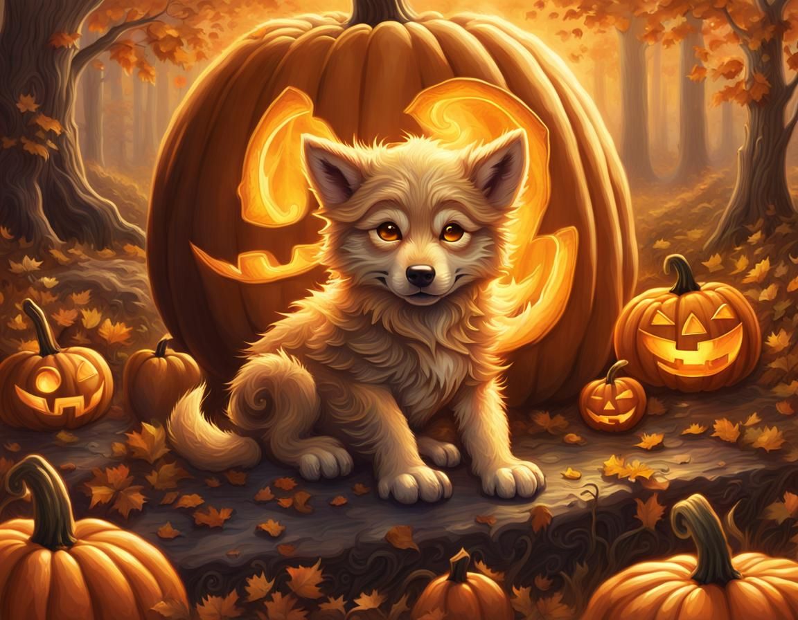 Enchanting Wolf Pup on Jack-o'-Lantern in Fantasy Art