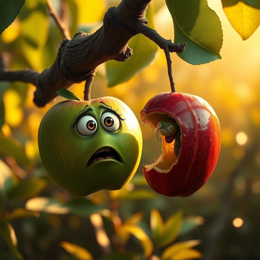 Terrified Apple Confronts Caterpillar in a Dystopian Landsca...