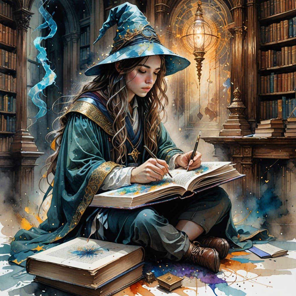 Wizard Student Studying in Magic Academia Library