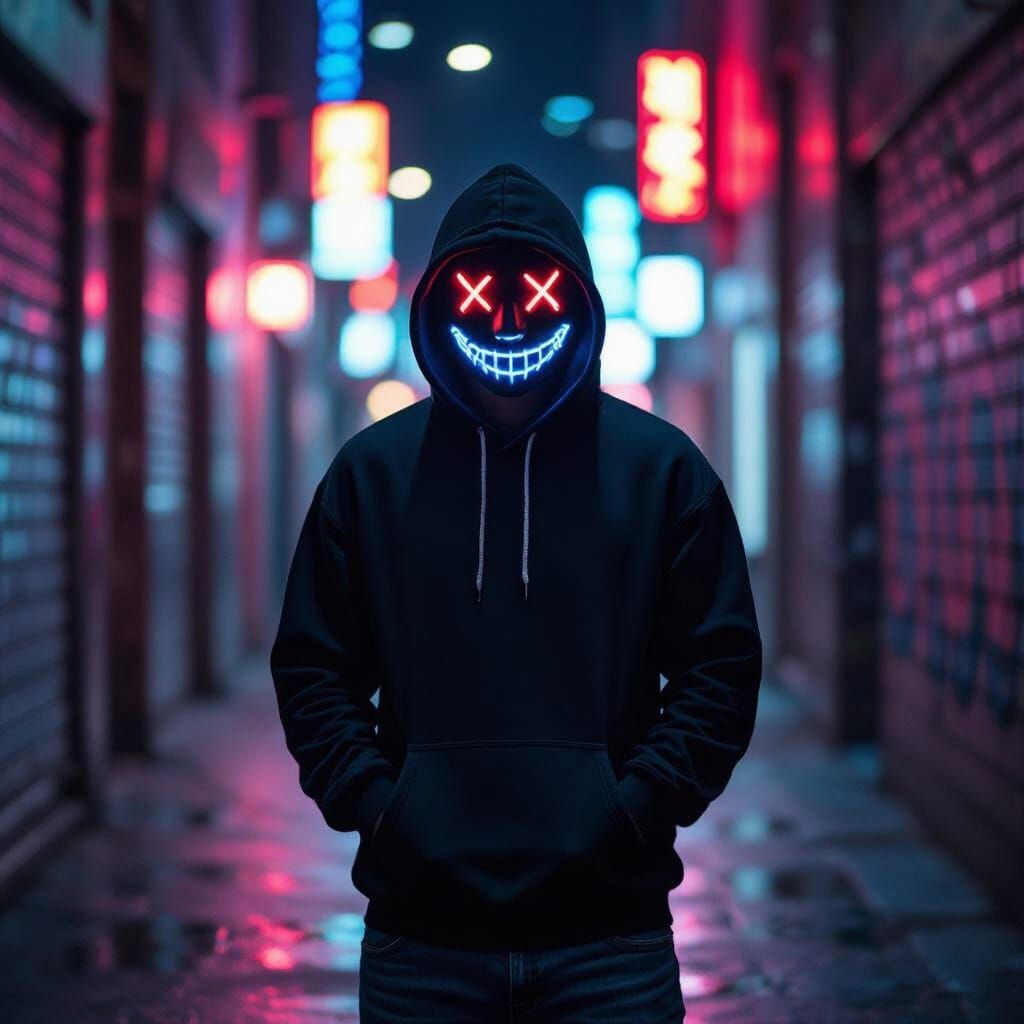 Person in Light-Up Mask in Neon Alleyway