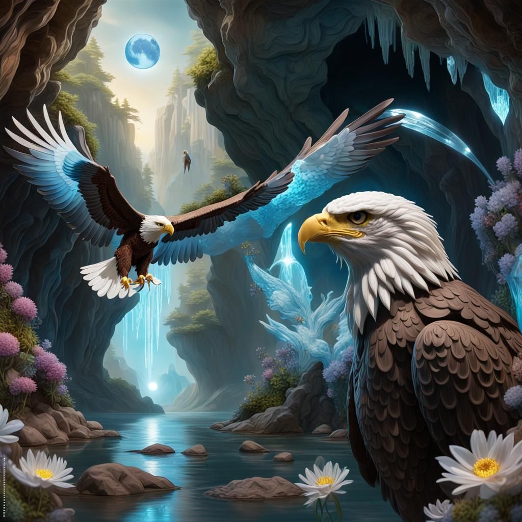 Eagle Over Crystal Woman in Bioluminescent Cave