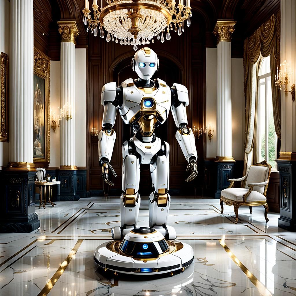 Refined Cleaning Robot in Luxurious Mansion: 3D Digital Art