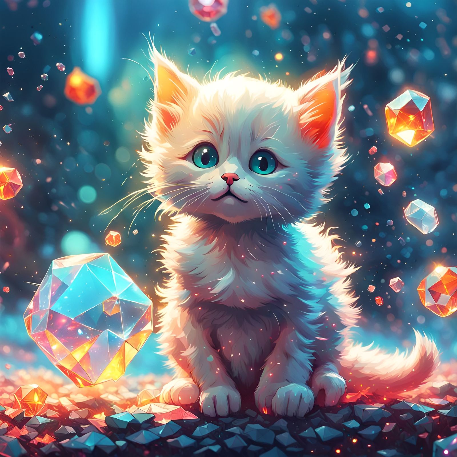 Cute Kitten Surrounded by Luminous Crystal Sparkles