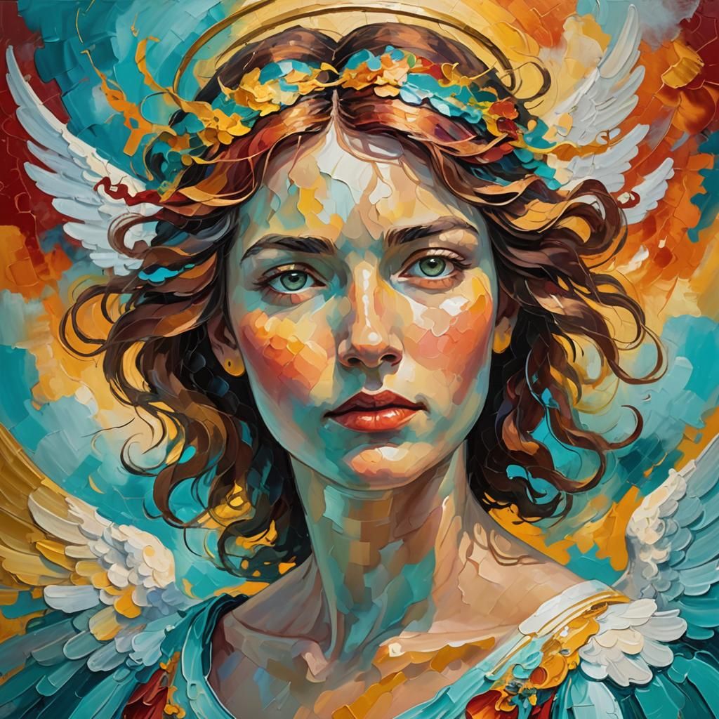 Neo-Impressionist Angel in Vibrant Swirling Clouds