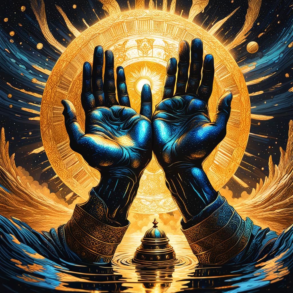 Hands Meet in Darkness: Astral Cosmic Illustration