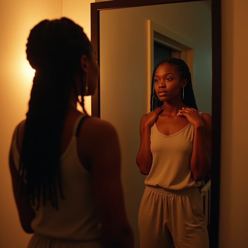 Mia Faces Reflection in Warmly Lit Apartment