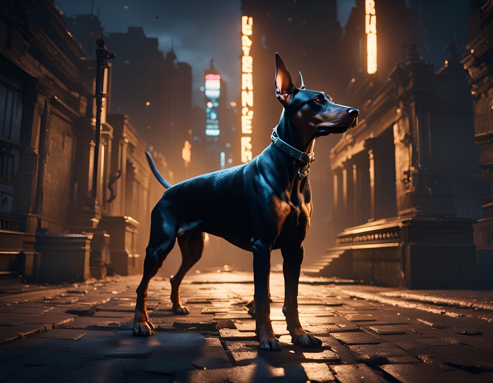 Doberman in Dark Night: 3D Game Cinematic
