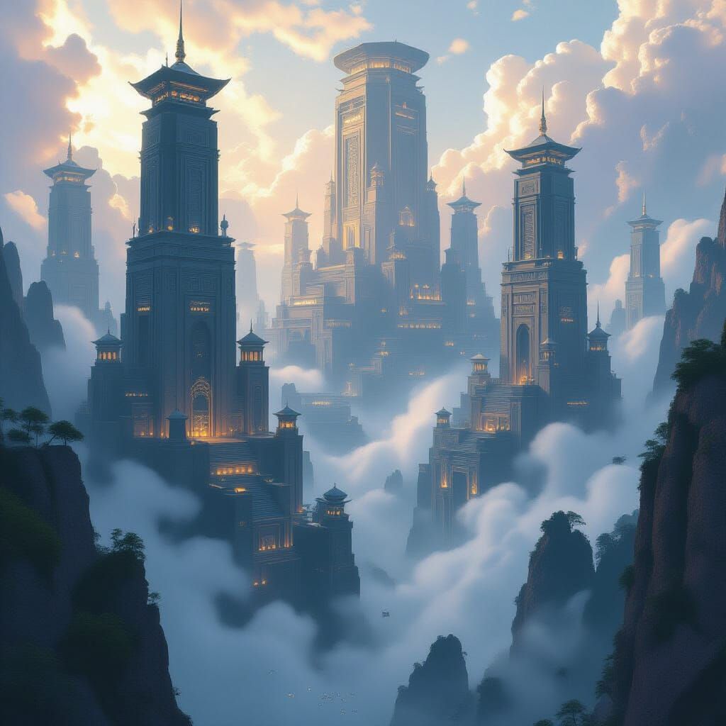 Ancient City in Clouds with Cinematic Lighting