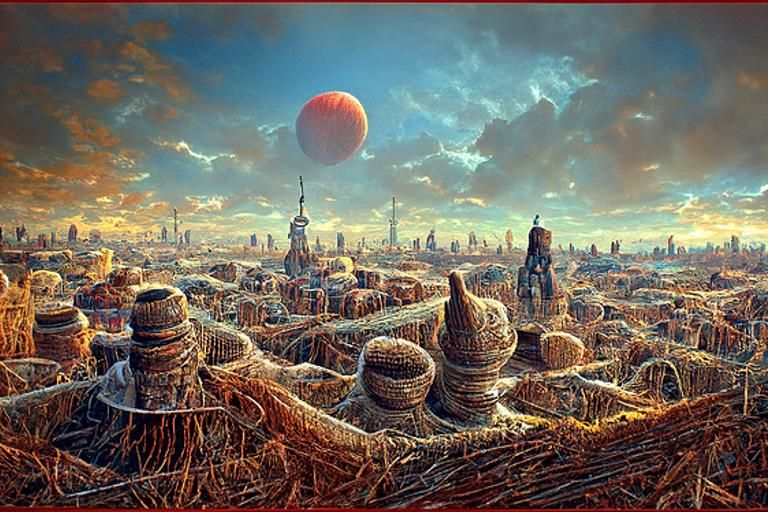 Extraterrestrial Cityscape Painting in Kinetic Pointillism S...