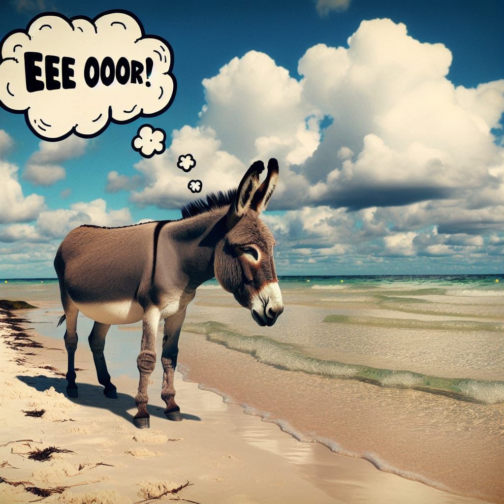Donkey on a Beach Saying Eee Ooor