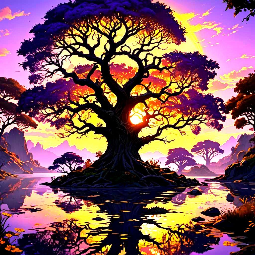 Sunset Island Tree of Life in Dark Fantasy Style