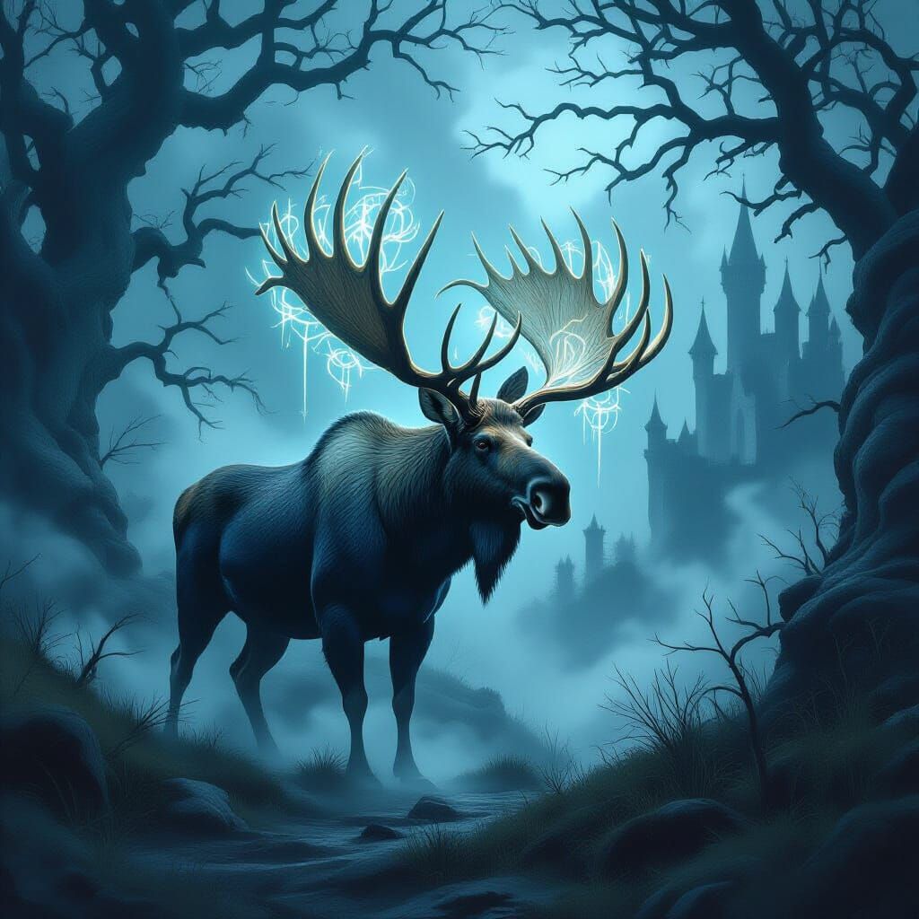 Mystical Moose in Enchanted Forest with Arcane Symbols
