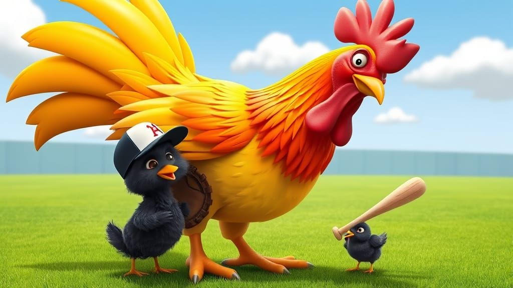 Exaggerated Cartoon Chicken in Baseball Gear