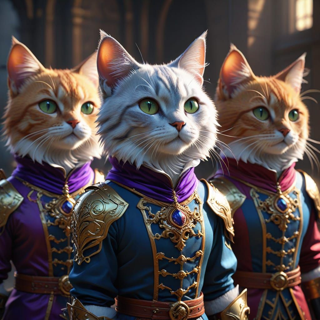 Three Musketeer Cats in 3D Anime Style