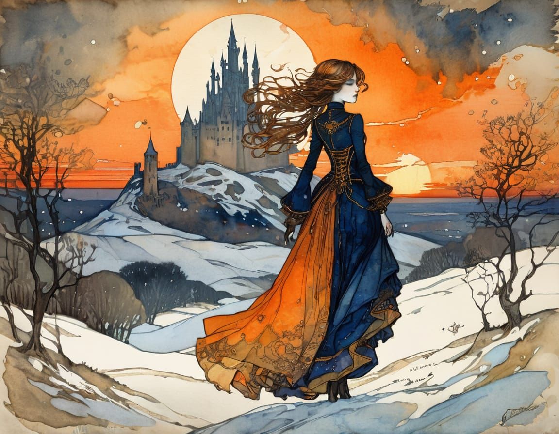 Gothic Princess in Winter Scene: Watercolour Ink Painting