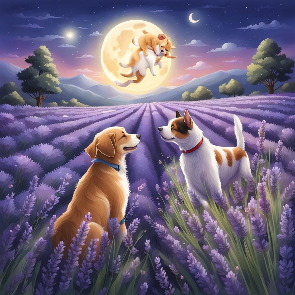 Cat and Dog Play in Lavender Field Under Moon