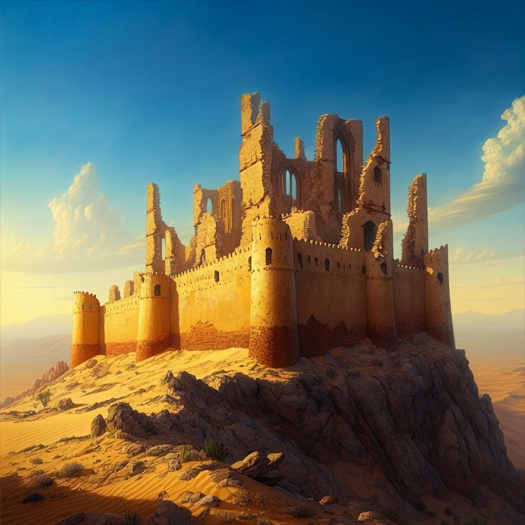 Majestic Castle Ruin in 19th Century Romantic Oil Painting S...