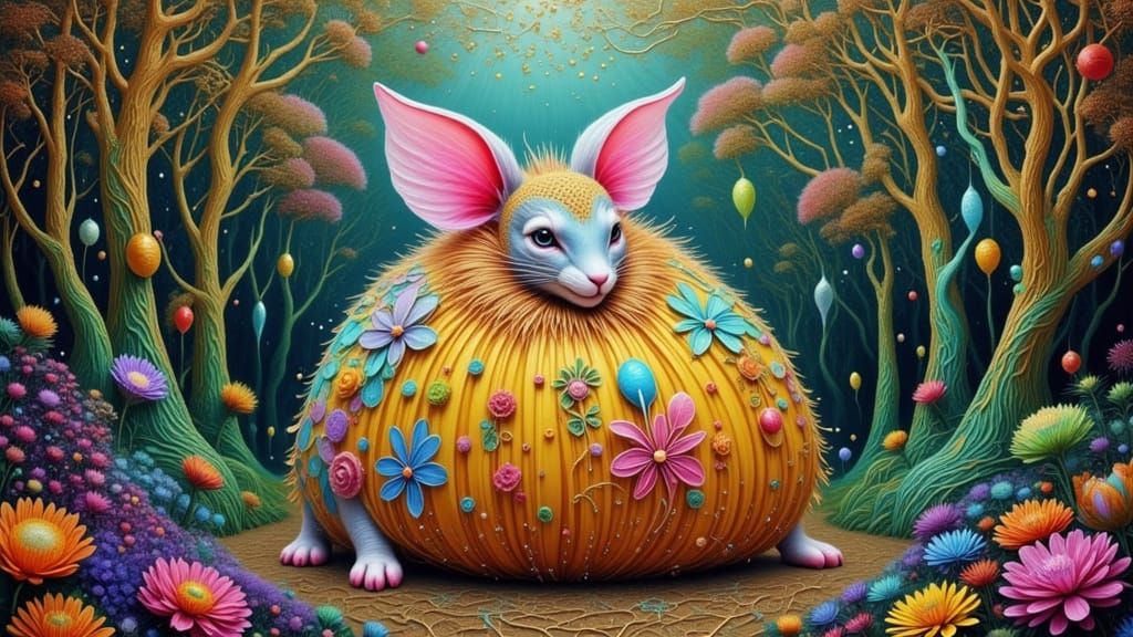 Vibrant Dreamlike Whimsical Fat Creature in Stained Glass Hu...