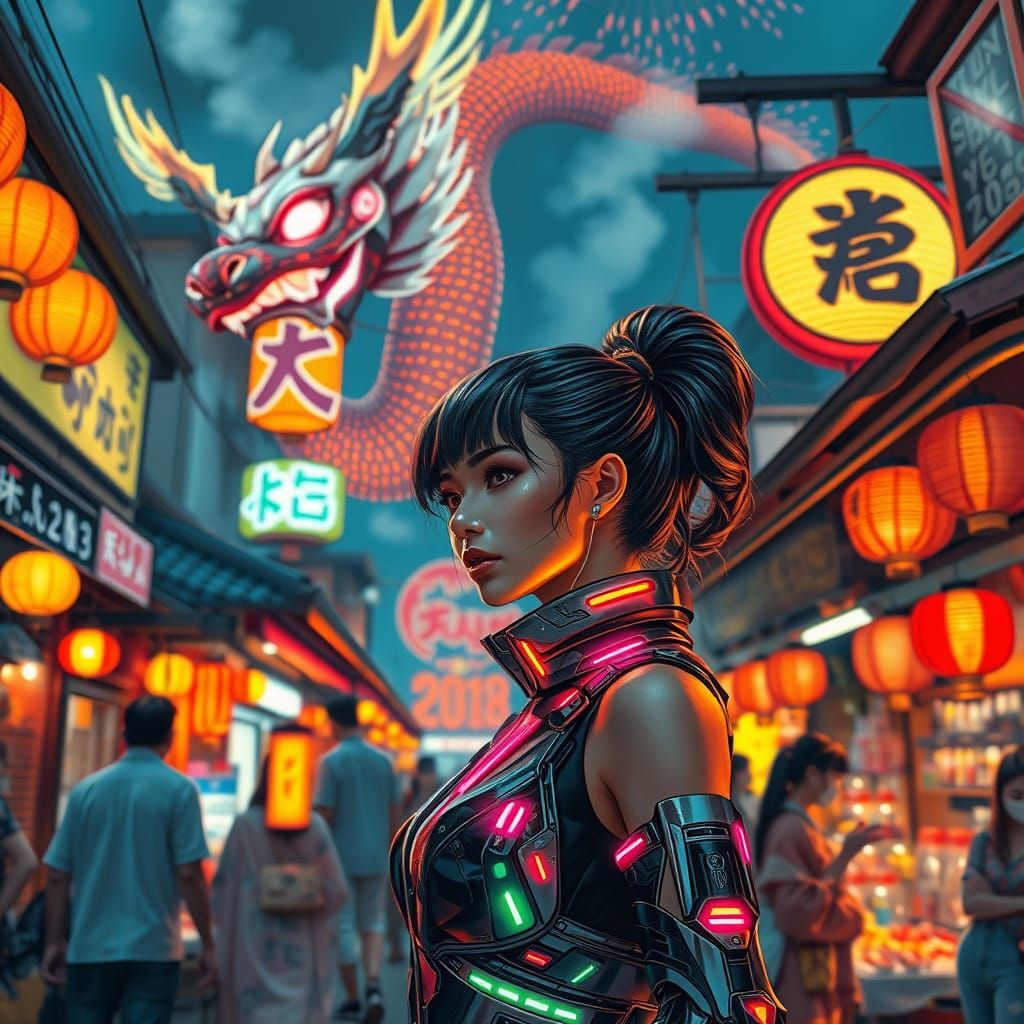 Cyberpunk Time Traveler in Traditional Japan