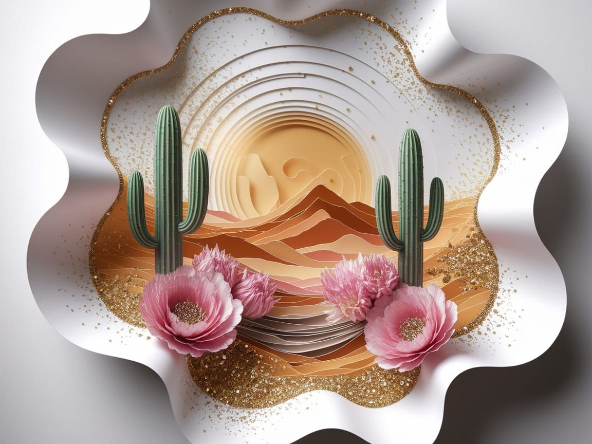Desert Sunset Paper Art with Blooming Cactus and Gold Accent...