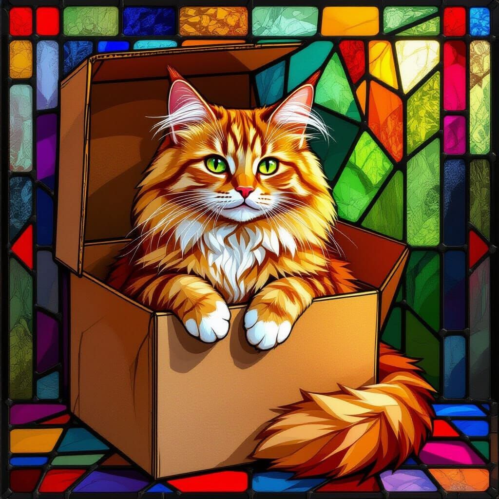 Ginger Cat in Box Stained Glass Art